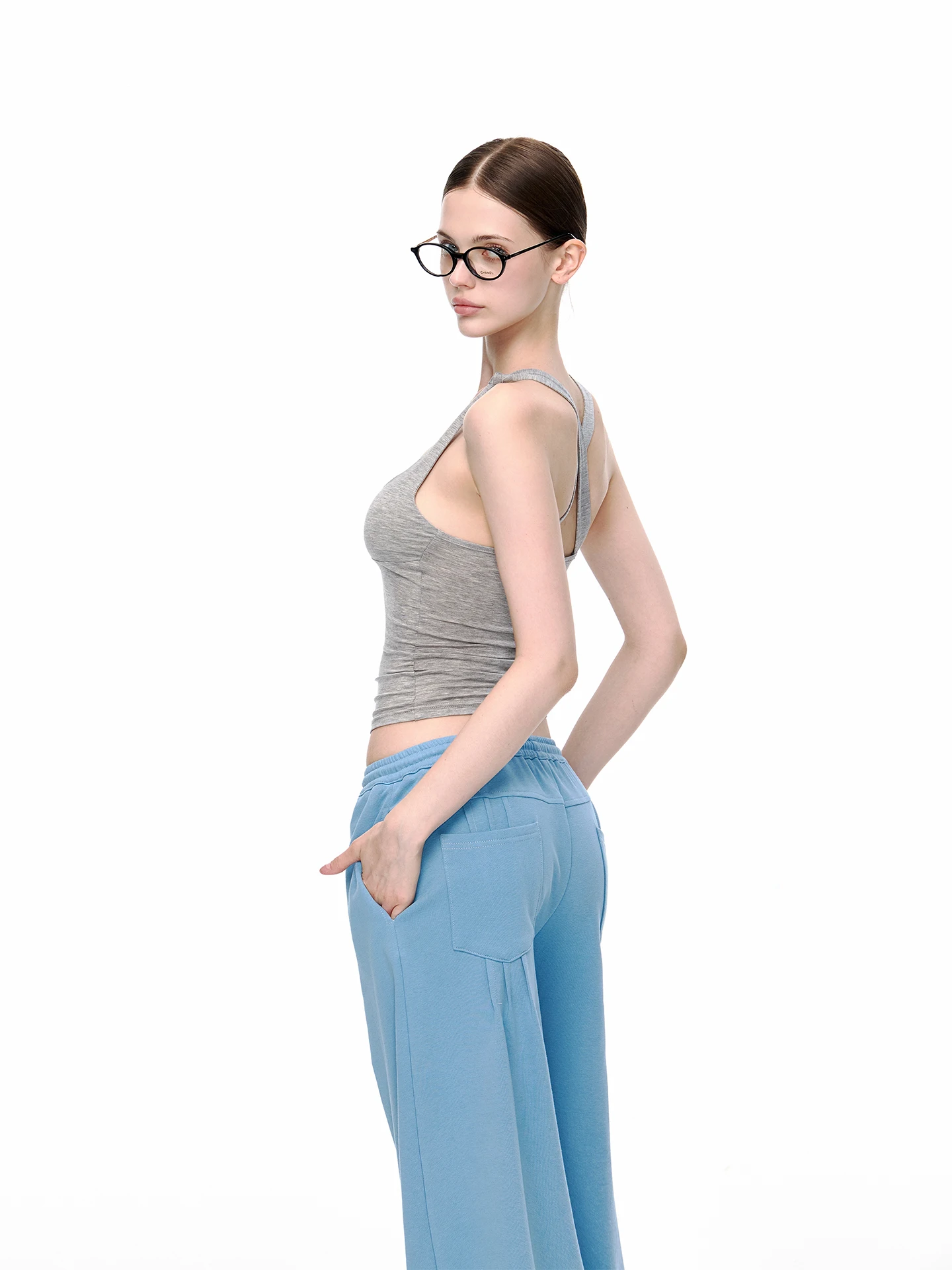 JLAUNT Grey Strap Vest Women Summer Outerwear Design Slim Fit Beautiful Back Inner Match V-neck Top Splice High Elasticity ...