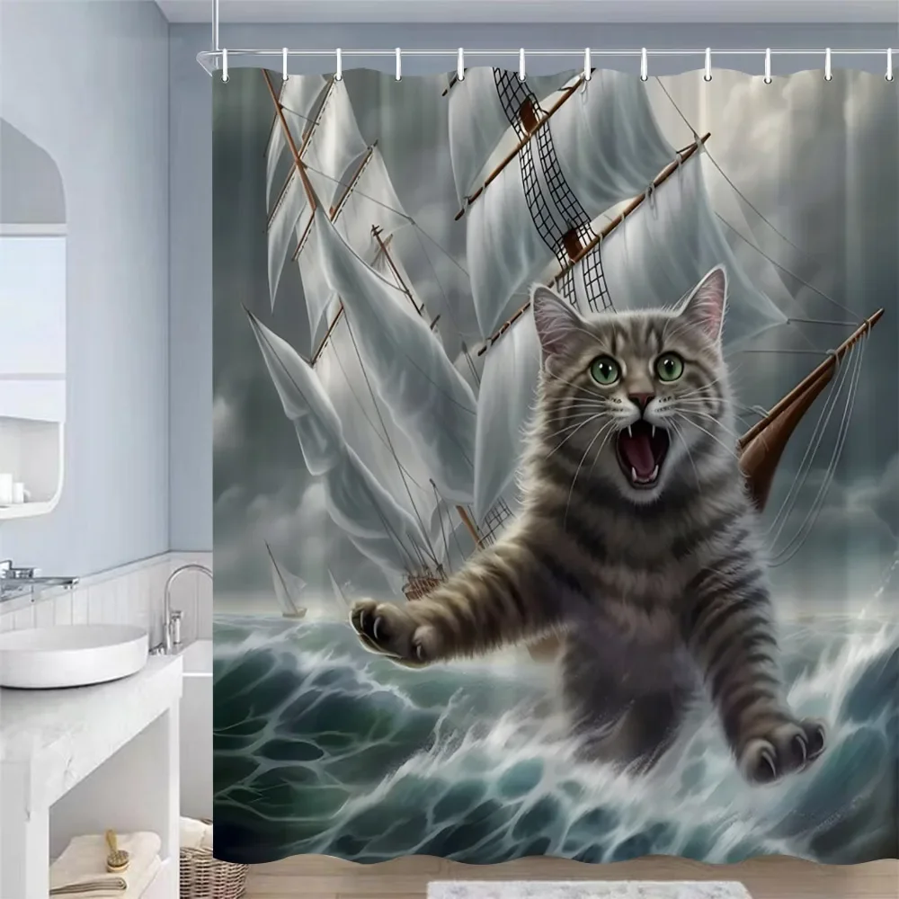 Funny Cat Shower Curtains Cute Animal Nautical Sailing Sea Waves Landscape Bath Curtain Polyester Fabric Bathroom Decor Hooks