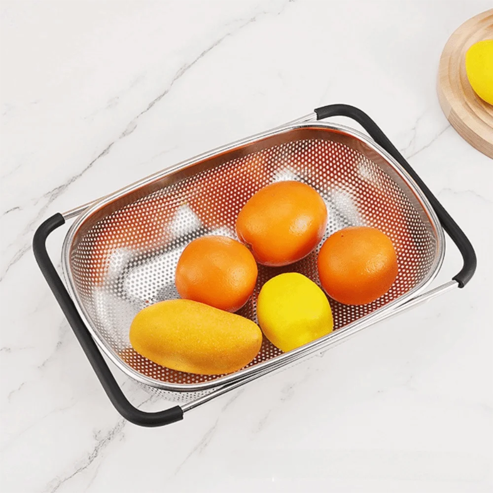 Scalable Sink Drain Basket Non-slip Handle Fine Mesh Strainer Basket Stainless Steel Rust-proof Vegetable Washing Basin view 4