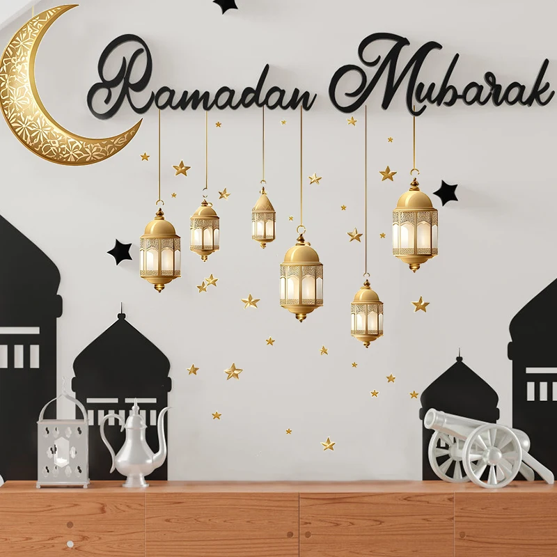 Eid Mubarak Wall Stickers Moon Star Lantern Window Sticker Ramadan Kareem Decoration for Home Living Room Wall Decal Eid Al-Fitr