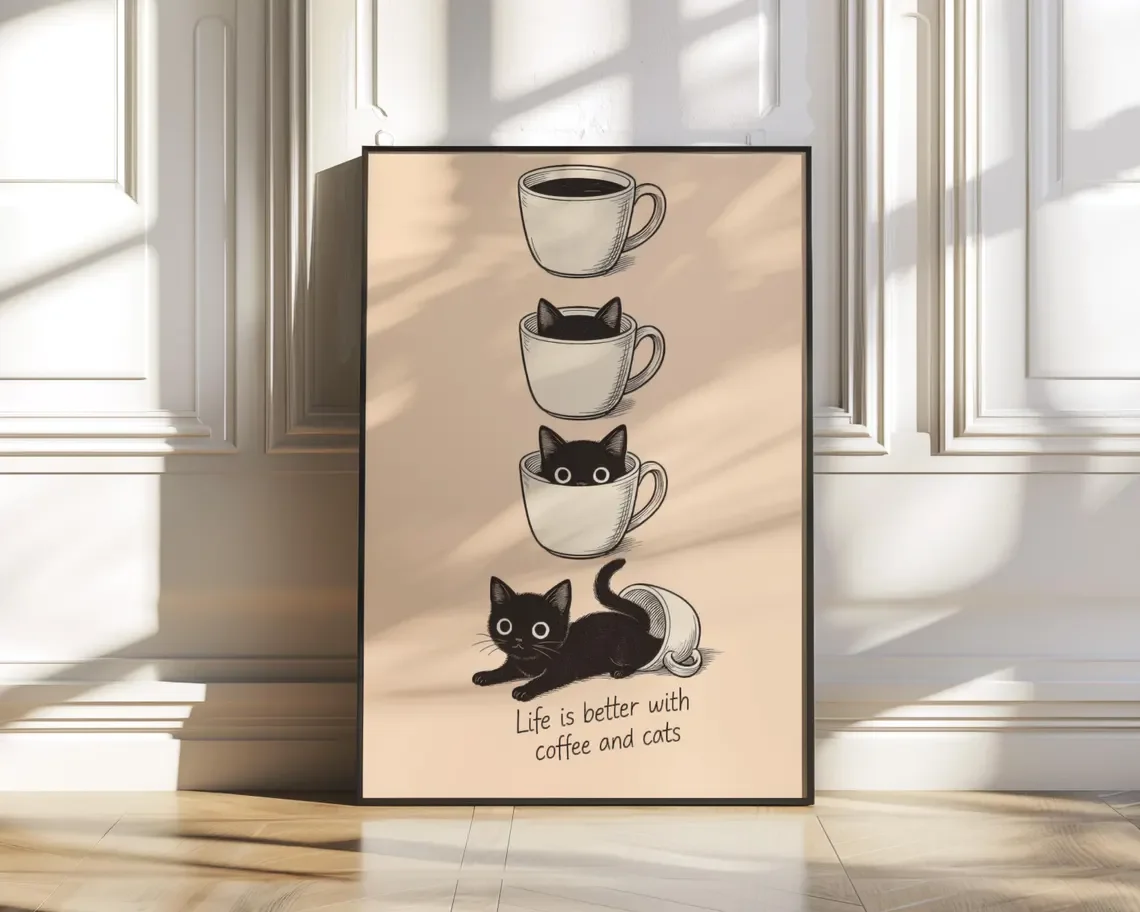 Life Is Better with Coffee and Cats Wall Print Decor - Whimsical Cat Art for Coffee Bar Accent, Kitchen Wall Decor, or Cozy Sta