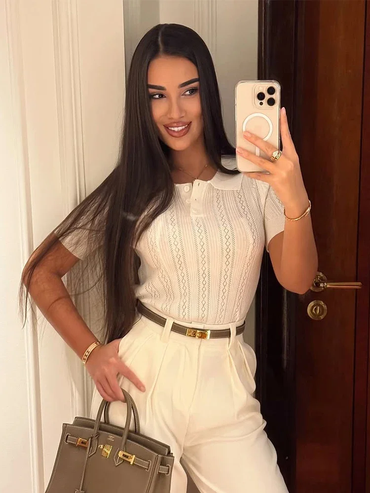 

Женская мода, однотонная вязаная рубашка-поло с вырезами, повседневные укороченные топы с короткими рукавами и лацканами, осень 202, новая верхняя одежда для уличного отдыха