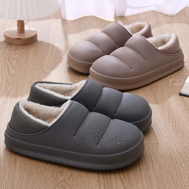 Winter Warm Women Men Waterproof Furry Slippers Men Shoes Non-Slip Plush Stepped Cotton Printed Indoor Outdoor Home Thick Heel