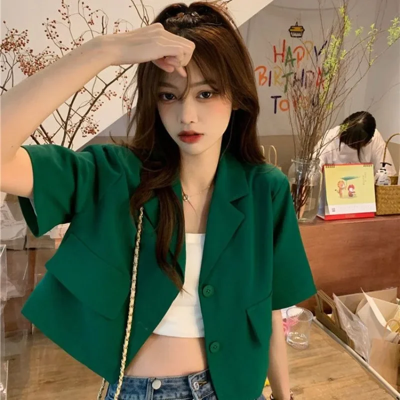 Short Sleeve Blazers Women Vintage Stylish New Popular Temperament Notched Harajuku Summer All-match Office Ladies Solid Cozy