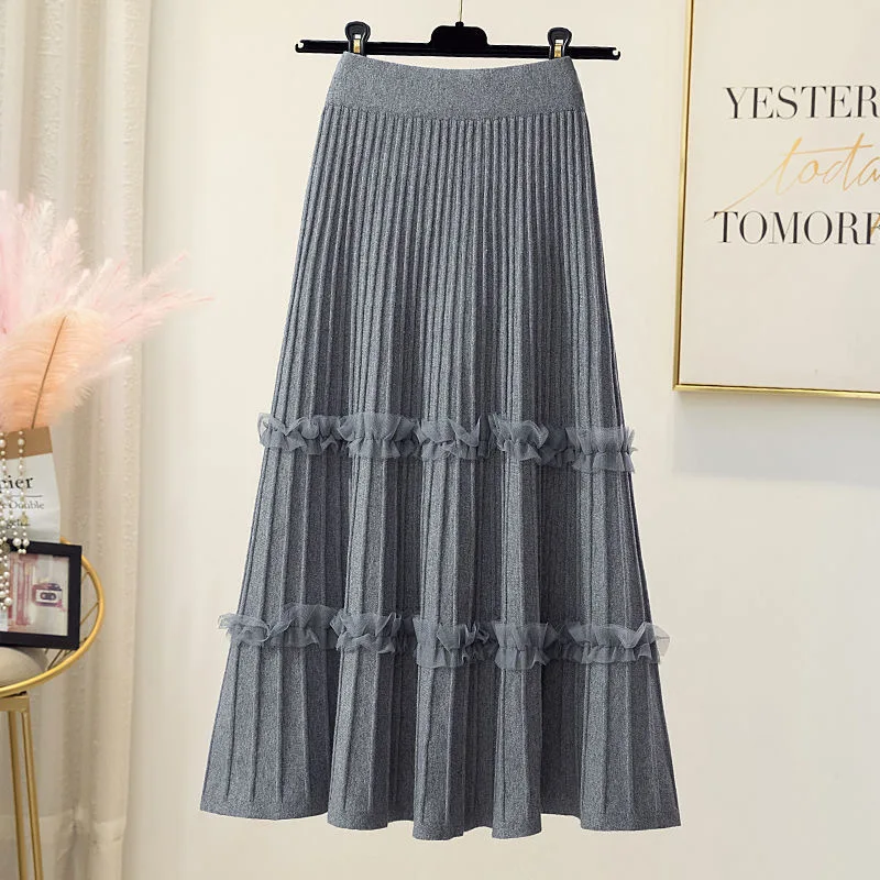 Women's Pleated Skirt Autumn Winter High Waist Umbrella Skirt Covering Flaws Mid-Length Knitted Skirt Mesh Splicing A-Line Skirt