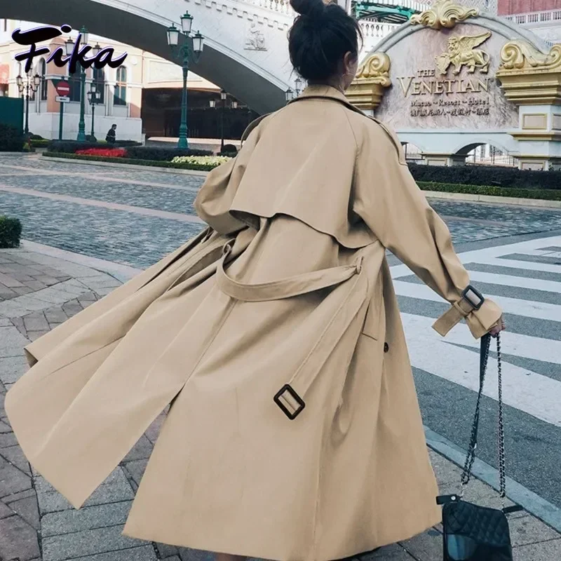 Loose Retros Double Breasted Black Khaki Windbreaker Women 2022 Autumn Fashion Design Vintage Tunic Sashes Casual Long Coat