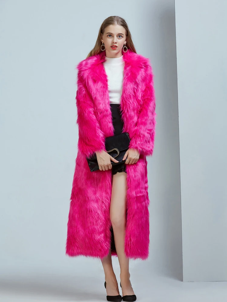 Zadorin High Street Luxe Lange Faux Bontjas Vrouwen Vintage Slim Rood Roze Faux Fur Jassen Fluffy Jas Vrouwen Pele