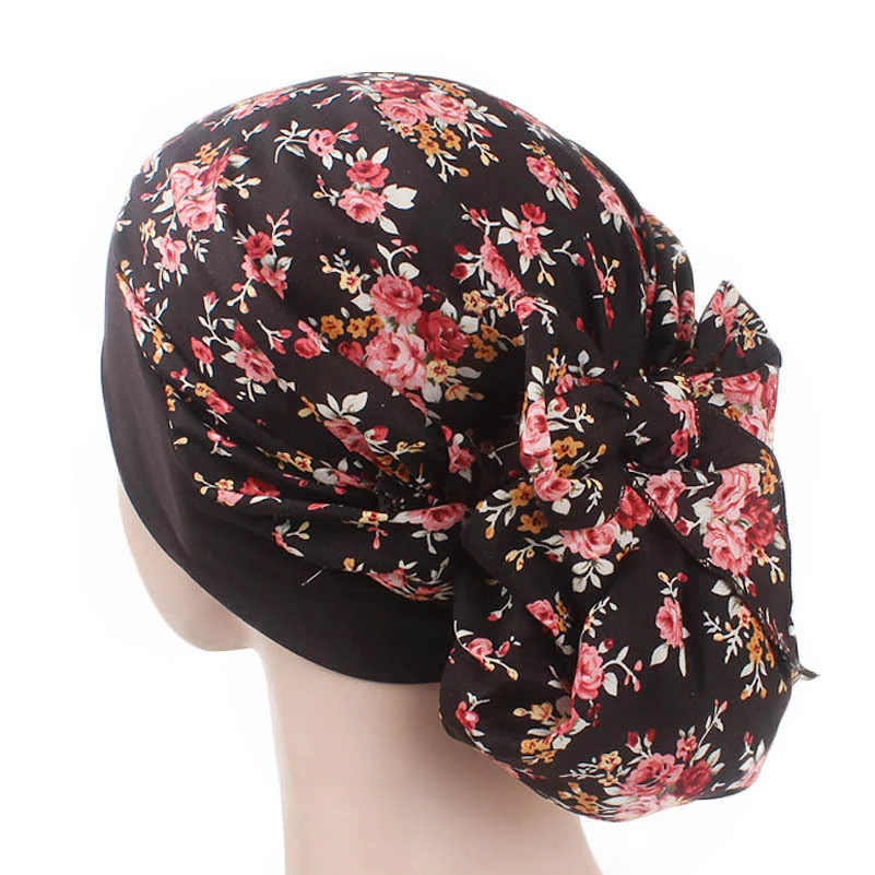 Women Muslim Pre-tied Hijab Hat Turban Bonnet Long Tail Floral Print Head Cover Wrap Caps Cancer Chemo Islamic Arab Headwear Cap