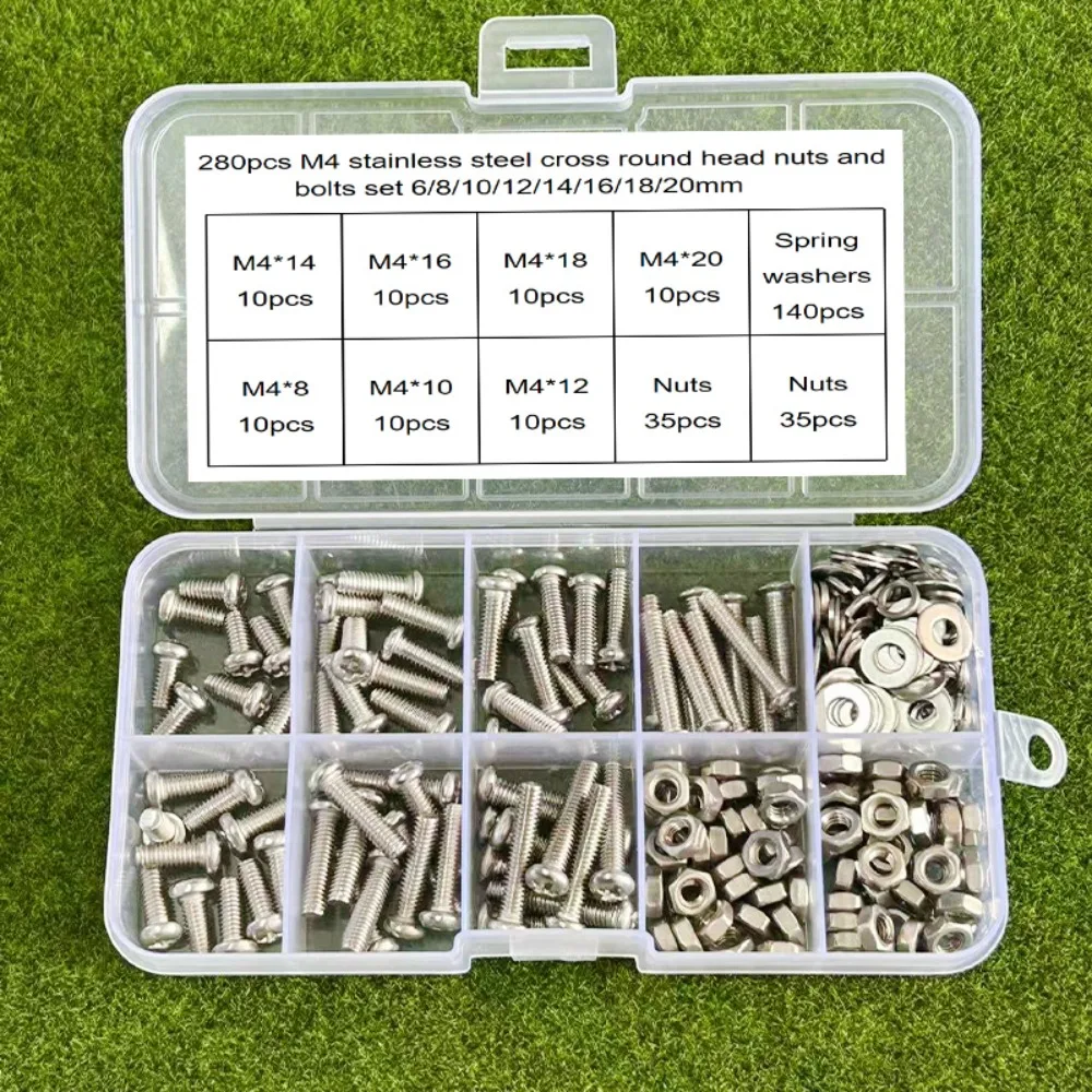 280-piece set of M4 stainless steel Phillips head bolts and nuts (8/10/12/14/16/18/20mm), for home repairs and DIY.