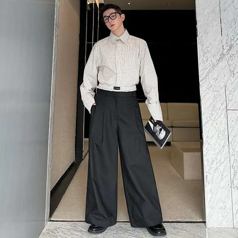 LUZHEN Sleeve 2025 New Elegant Fashion Stripe Printed Long Shirts Men's Loose Straight Wide Leg Suit Pants Two-piece Sets JY6012