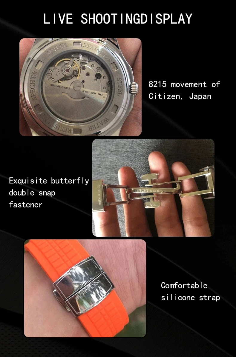 Specht&Sohne 2025, neue luxuriöse Herren-Mechanische Armbanduhr, Miyota 8215, Edelstahluhr, grüner Gummi-Saphir, Reloj Hombre – Detail 7