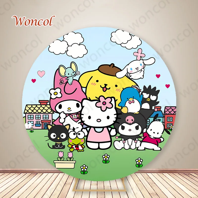 Hello Kitty Round Backdrop Cinnamoroll Kuromi My Melody Backdrop Badtz-Maru Keroppi Cylinder Cover Kids Birthday Backdrop Prop