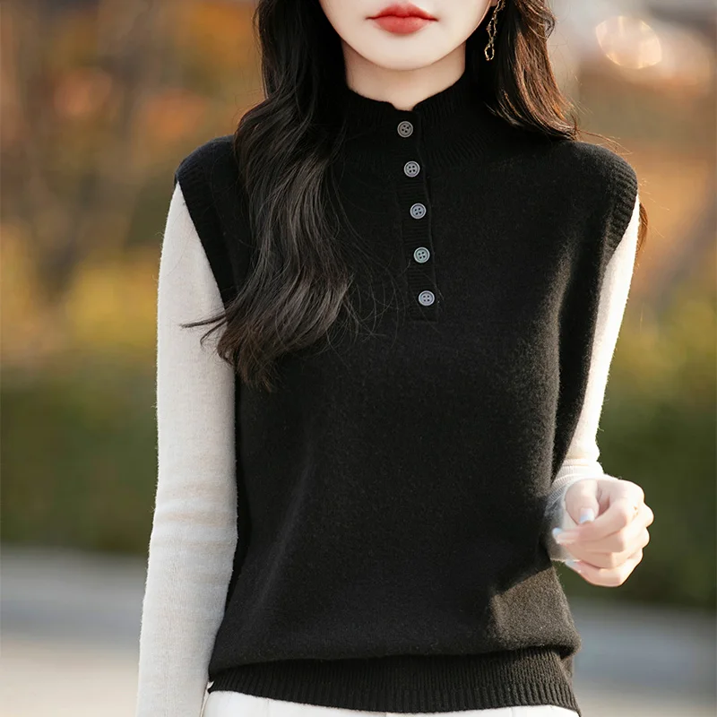 Suéter básico de lana merina de 100%, chaleco con cuello simulado, jersey sin mangas de Cachemira, ropa informal cómoda de Color sólido, Top de moda