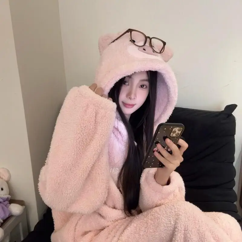 

pretty girl Women's pajamas sweet pink piglet Pajama Set winter keep warm coral fleece loose fleece-lined thicken homewear suit