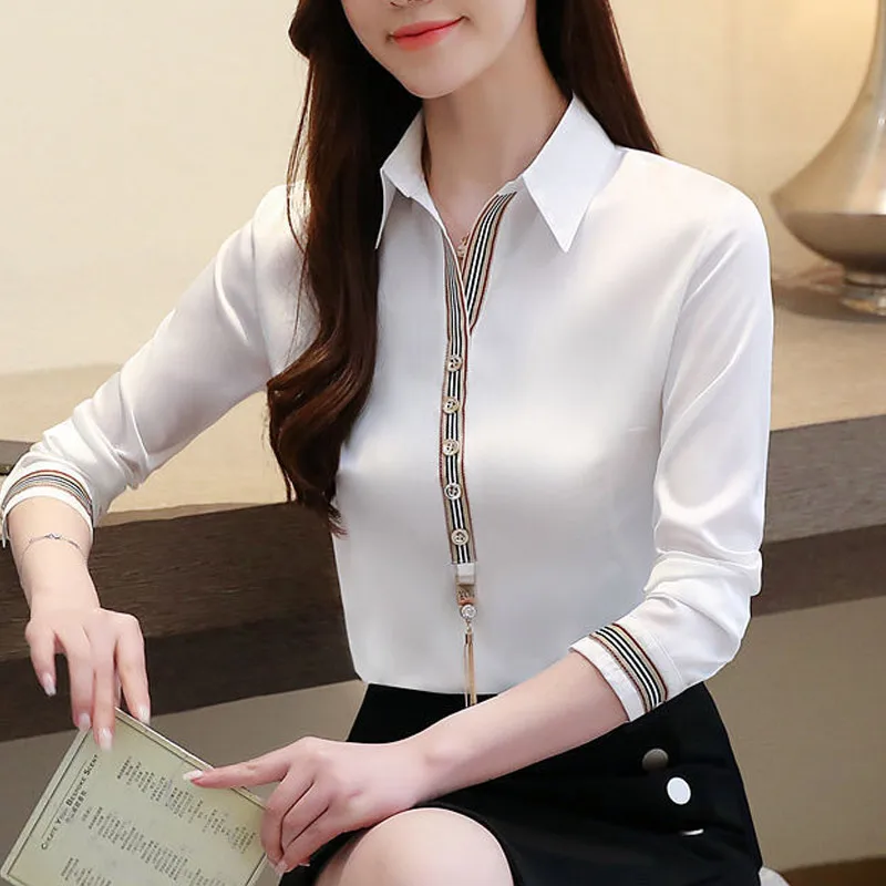 Spring Autumn New Chiffon Office Blouse Long Sleeve Polo Neck All-match Plus Size Shirt Tops Elegant Vintage Women Clothing