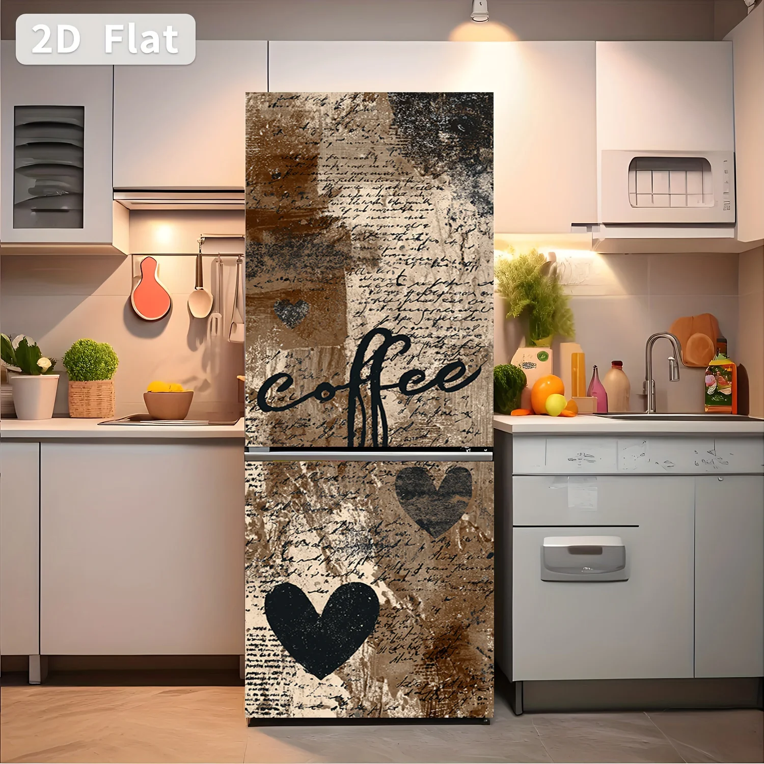 of 2D Flat Printed Refrigerator Sticker, Measuring, Featuring a Coffee And Heart Theme. It'S a Self-Adhesive Wall Decoration S