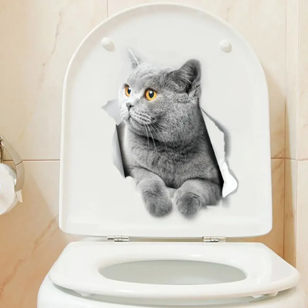 Fashion 3D Cats Toilet Stickers Lovely Animal Wall Decal Lovely Blue Cat Home Decor Art PVC Vinyl Bathroom Decoration Waterproof