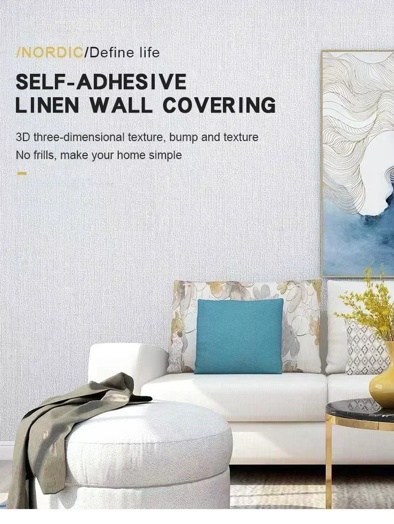 3D Leinen Textur Tapete Bunte feuchtigkeitsbeständige verdickte Wandaufkleber Home Decor Wohnzimmer Wohnheim Dekor wasserdichte Tapete – Detail 1