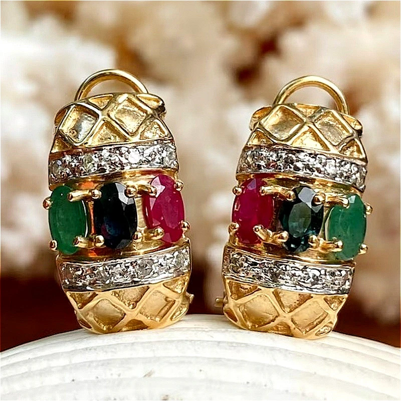 Luxury Vintage Inlaid Multicolor Synthetic Zirconia Golden Stud Earrings for Women Fashion Exquisite Banquet Celebration Jewelry