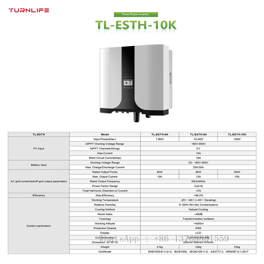 Ampio intervallo di tensione delle batterie 180V-550V Inverter ibrido 6Kw-10Kw sistema di Inverter di potenza fotovoltaica ibrido ininterrotto