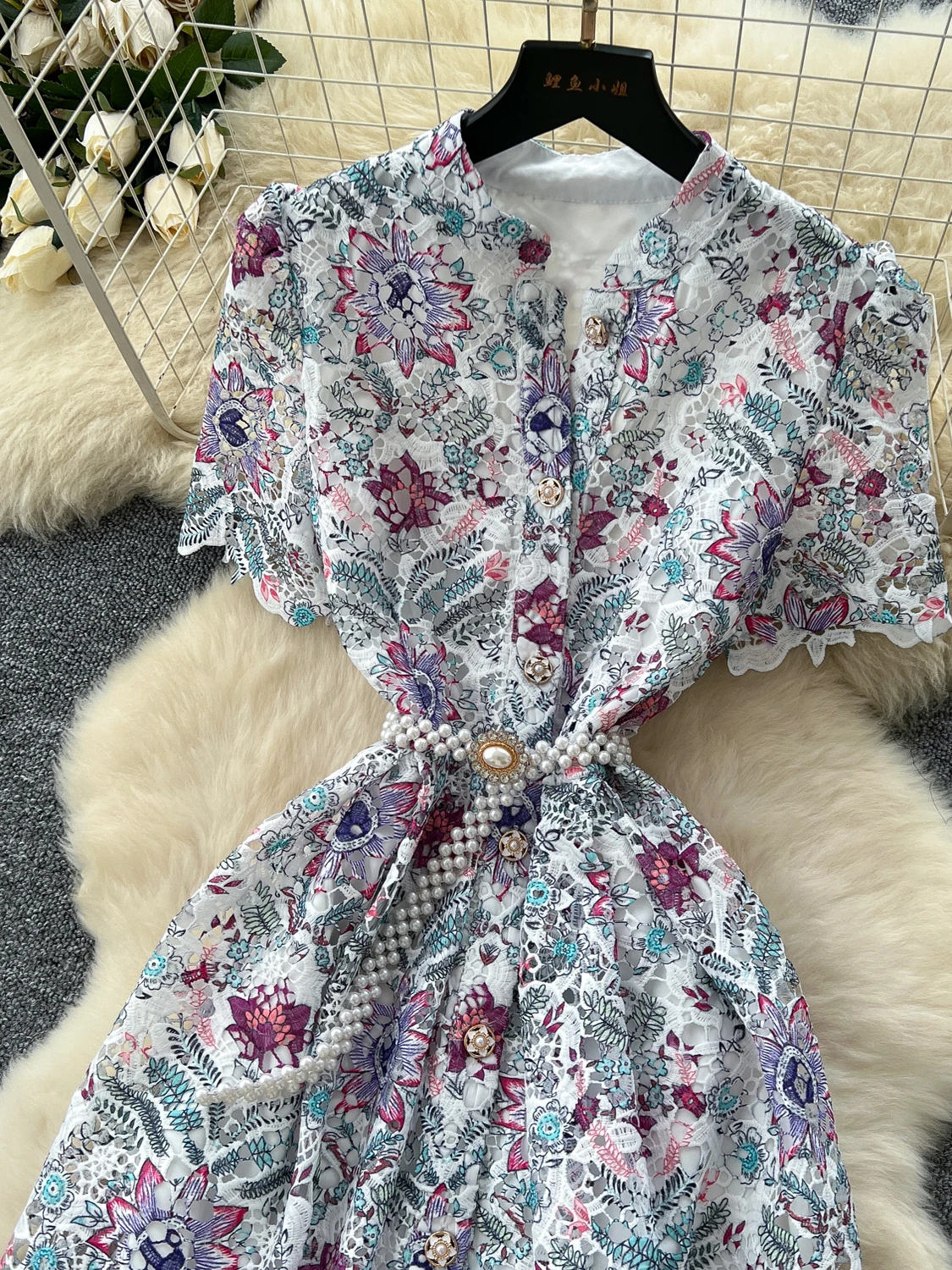 Ele Long Dr High Waist A-Line Silhouette ort Sve Hollow out Lace Single Button Luxury Women's Faion Summer Dr