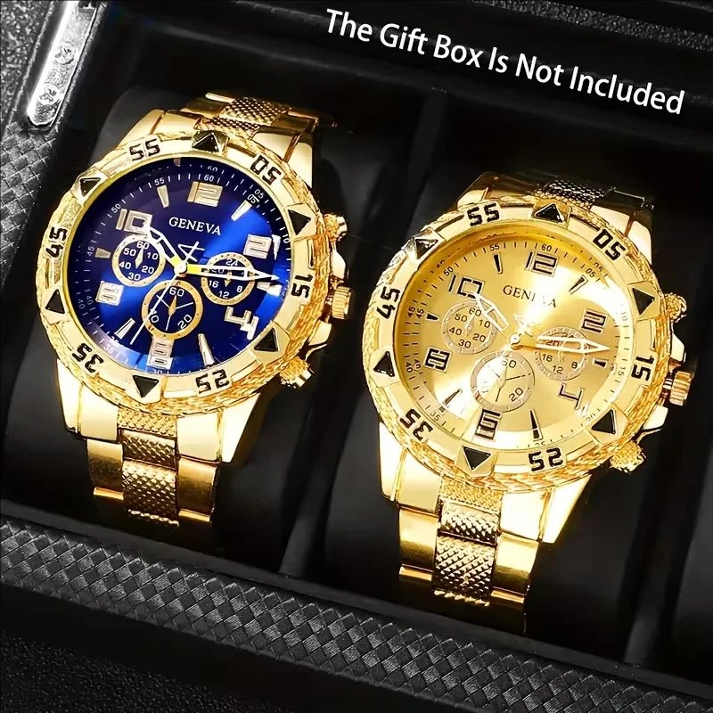 2-Piece Men's Watch Set, Gold and Blue Silicone or Alloy Strap Watch, Fashionable Men's Casual Sports Quartz Watch