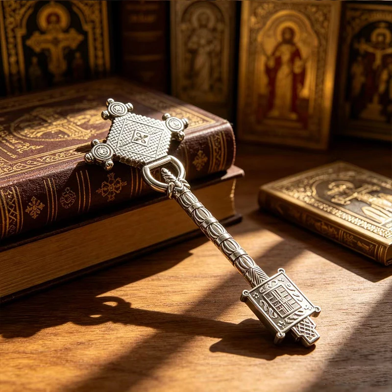 Antique Silver Plated Orthodox Hand Blessing Cross with Carved Relief for Priest Liturgy Home Altar Religious Decor Gift