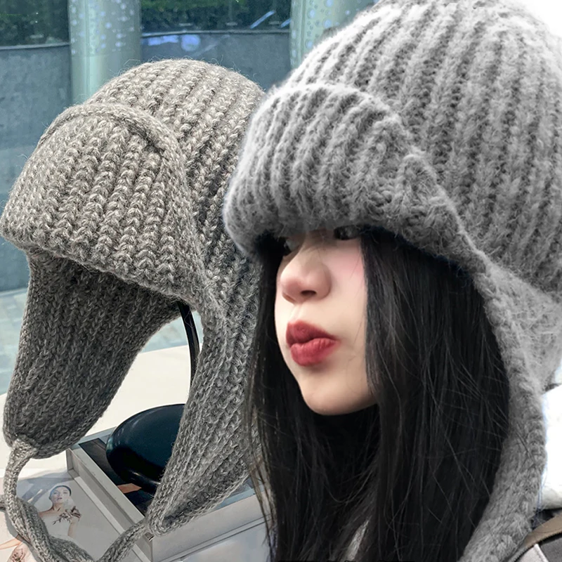 

Winter Warm Ear Protection Knitted Hat Super Soft Thickened Windproof Women Earflap Beanie Solid Color Crochet Outdoor BomberCap
