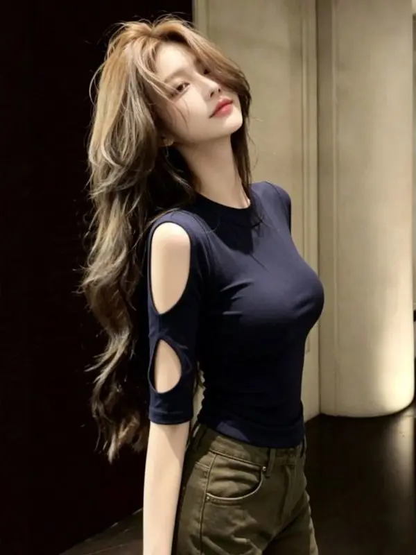 Slim Fit Shoulder Bared Tank Top Women's T-shirt Qing Blue Cap Sleeve Unique Sexy Summer Casual Cotton Blend round Neck Short...