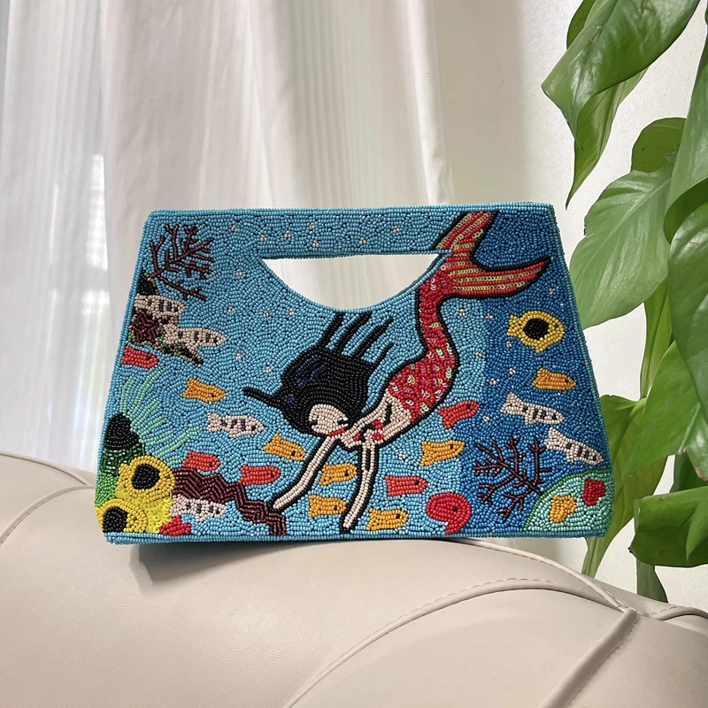 

DOYUTIG Brand Women's Blue Beaded Mermaid Cluthes Retro Handmade Wedding Hobos Bags Embroidery Beading Evening Party Bags N040