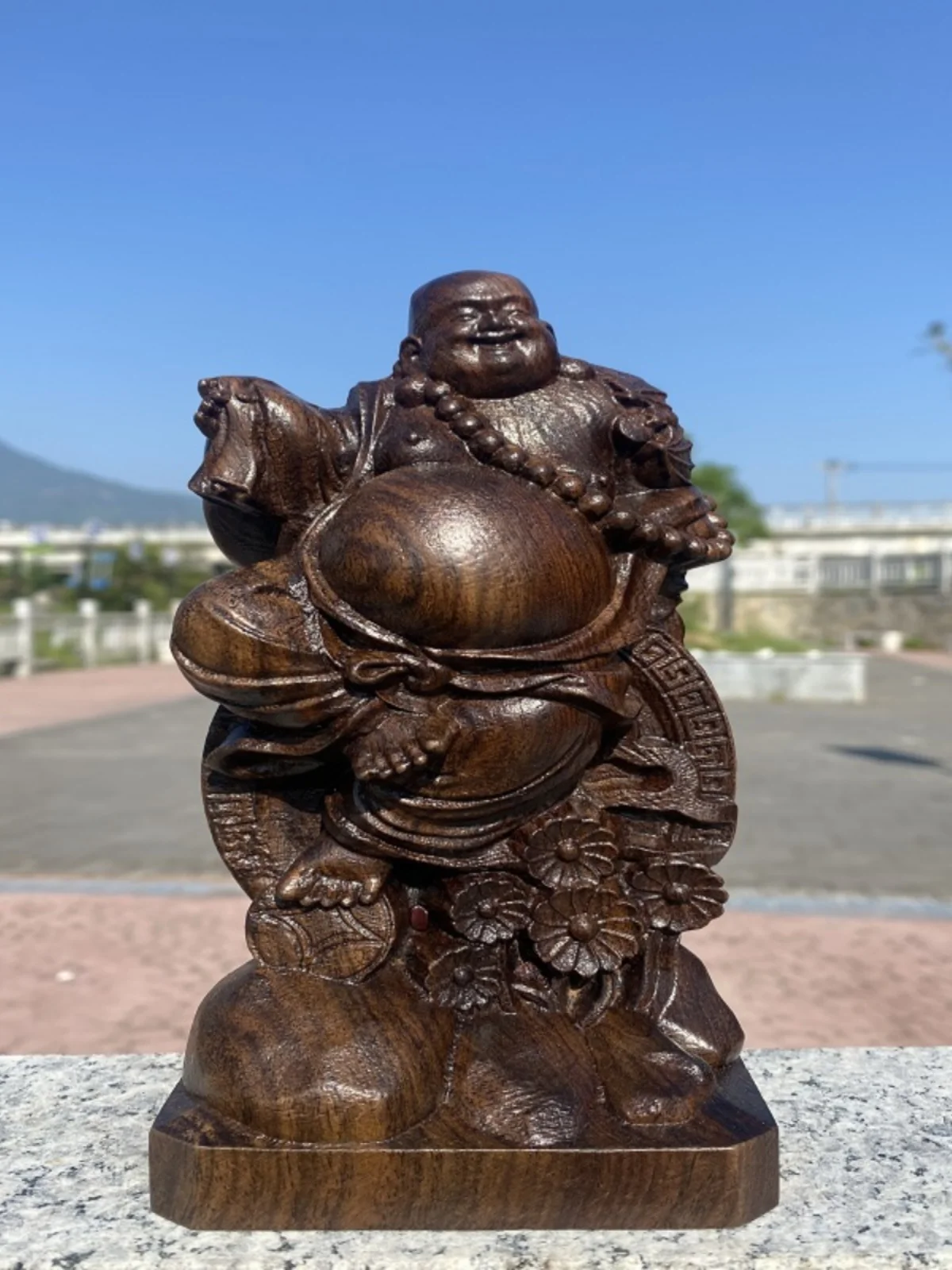 Hand Carved Wooden Maitreya Buddha Statue Figurine - Smiling Laughing Happy Buddha Sculpture Ornament Good Luck Wealth Home