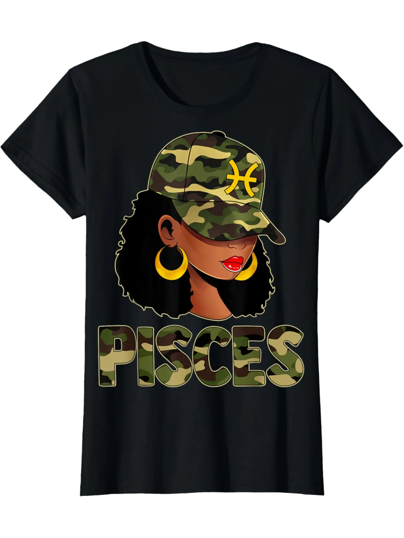 เสื้อยืดพิมพ์ลายพรางลายราศีมีนสำหรับผู้หญิง - ลายราศีแบบทรอปิคอลพร้อมสีทอง ดีไซน์ลำลอง แขนสั้น สีดำ