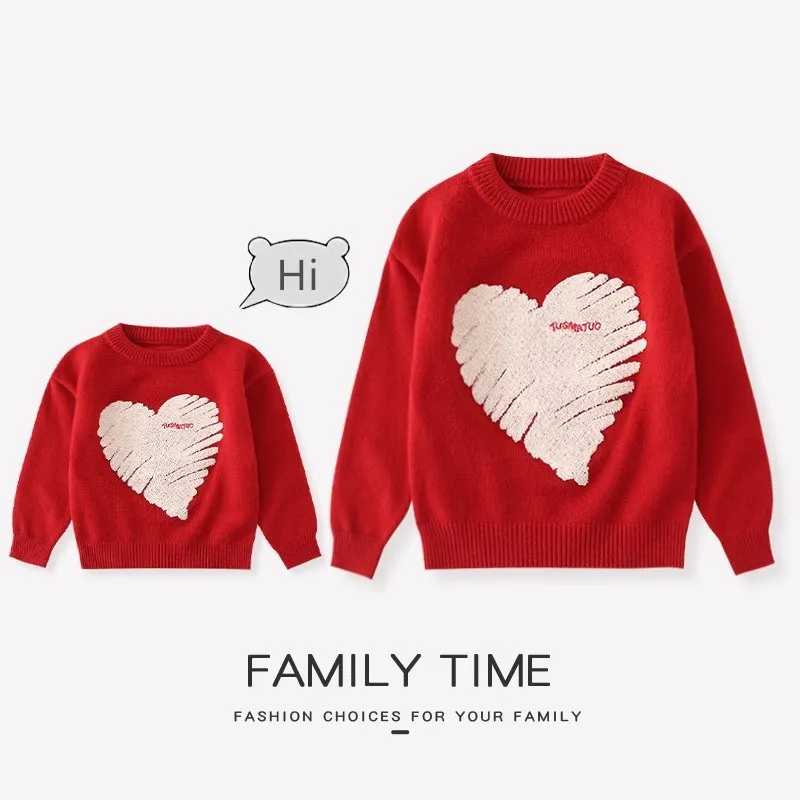 Heart Family Red Sweater Christmas New Year Parent-child Thick Warm Knit Jumper Winter Mother Father and Daughter Son Clothes