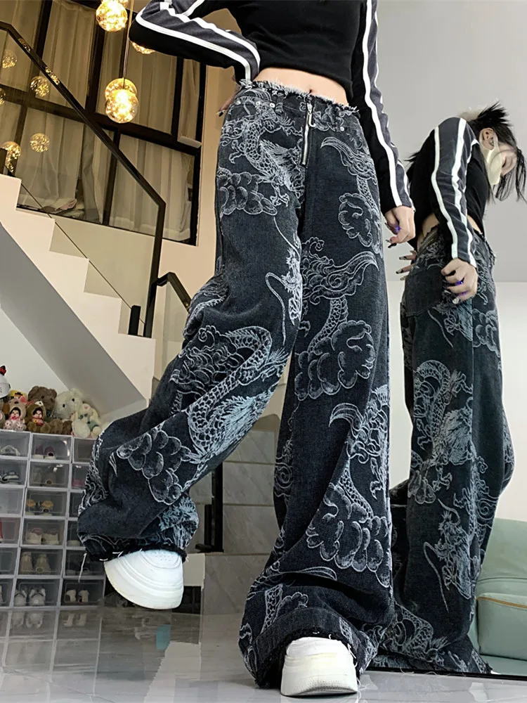 2023 Cyber Y2K Streetwear Dragon Print Black Baggy Wide Leg Jeans Pants For Women 90S Clothes Vintage Lady Straight Trousers