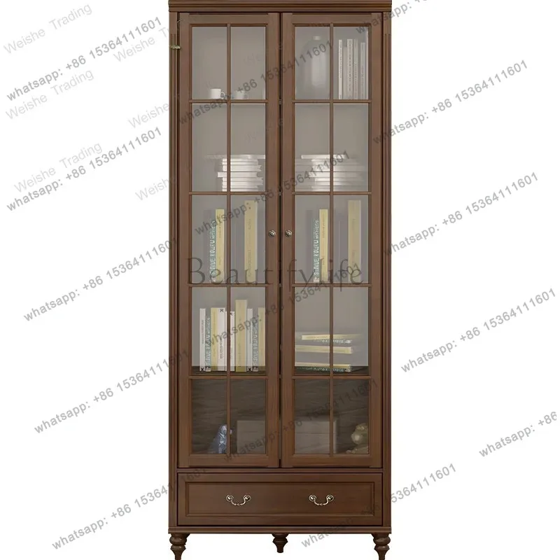 LJY Pure solid wood American vertical cabinet bookcase with glass door home storage cabinet shelf wall-by-wall living room displ