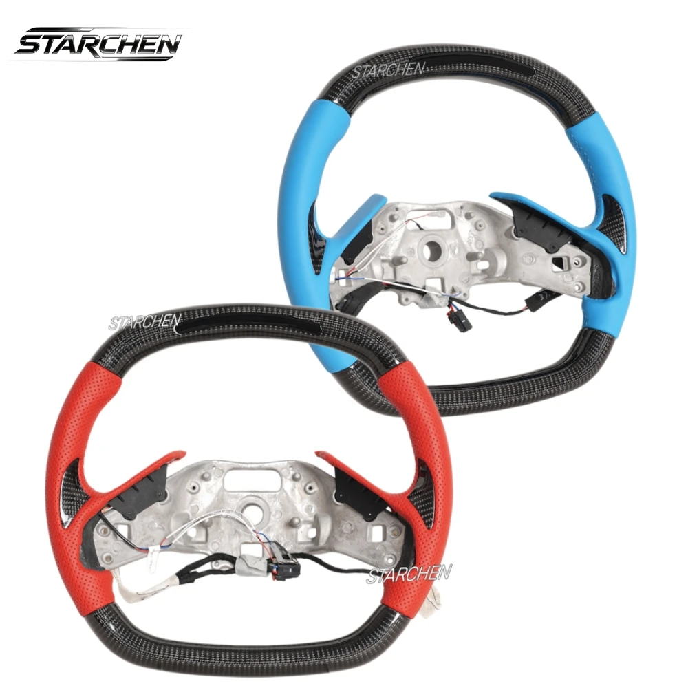 

Умный руль из углеродного волокна со светодиодной подсветкой для Chevrolet Corvette C8 2020-2025, красная или синяя кожа, с подогревом и накладками на подрулевые кнопки