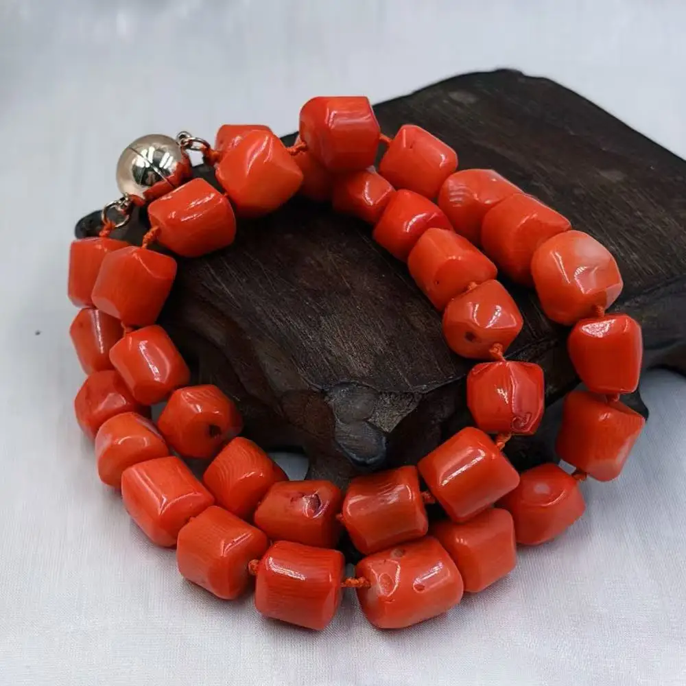 11-13mm Men Women Jewelry Column Drum Orange Natural Sea Bamboo Coral Chokers Necklace 17-19