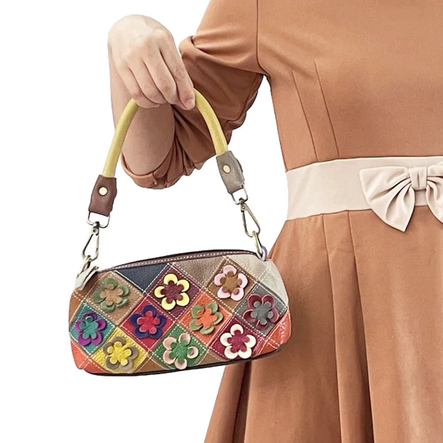 حقيبة يد نسائية مصنوعة يدويًا من الجلد الطبيعي مقسمة على شكل زهر البرقوق الملون حقيبة كتف عبر الجسم حقيبة تخزين بالجملة