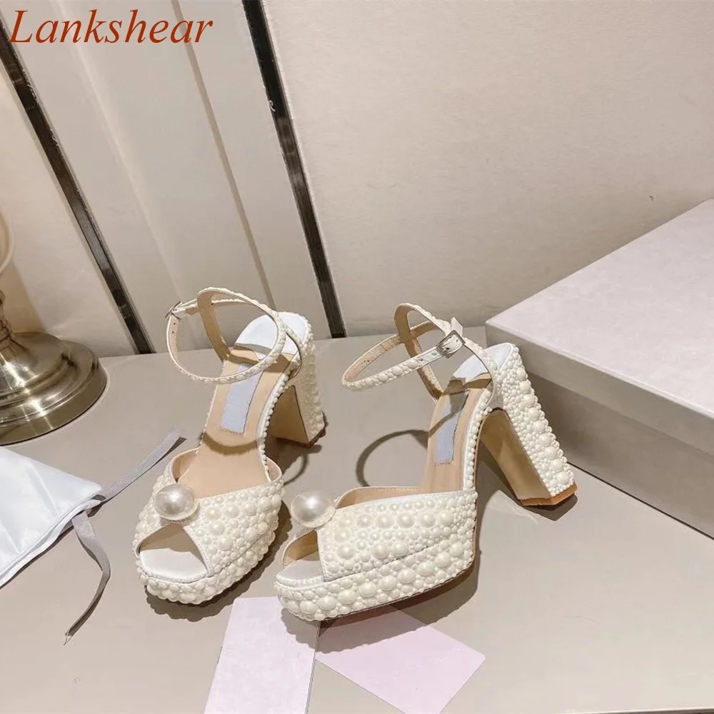 Peep Toe Pearl Women Sandals Square Heel Slingback White Spring Buckle Strap Wedding Fashion Sexy  Women Shoes 2024 New Arrivals