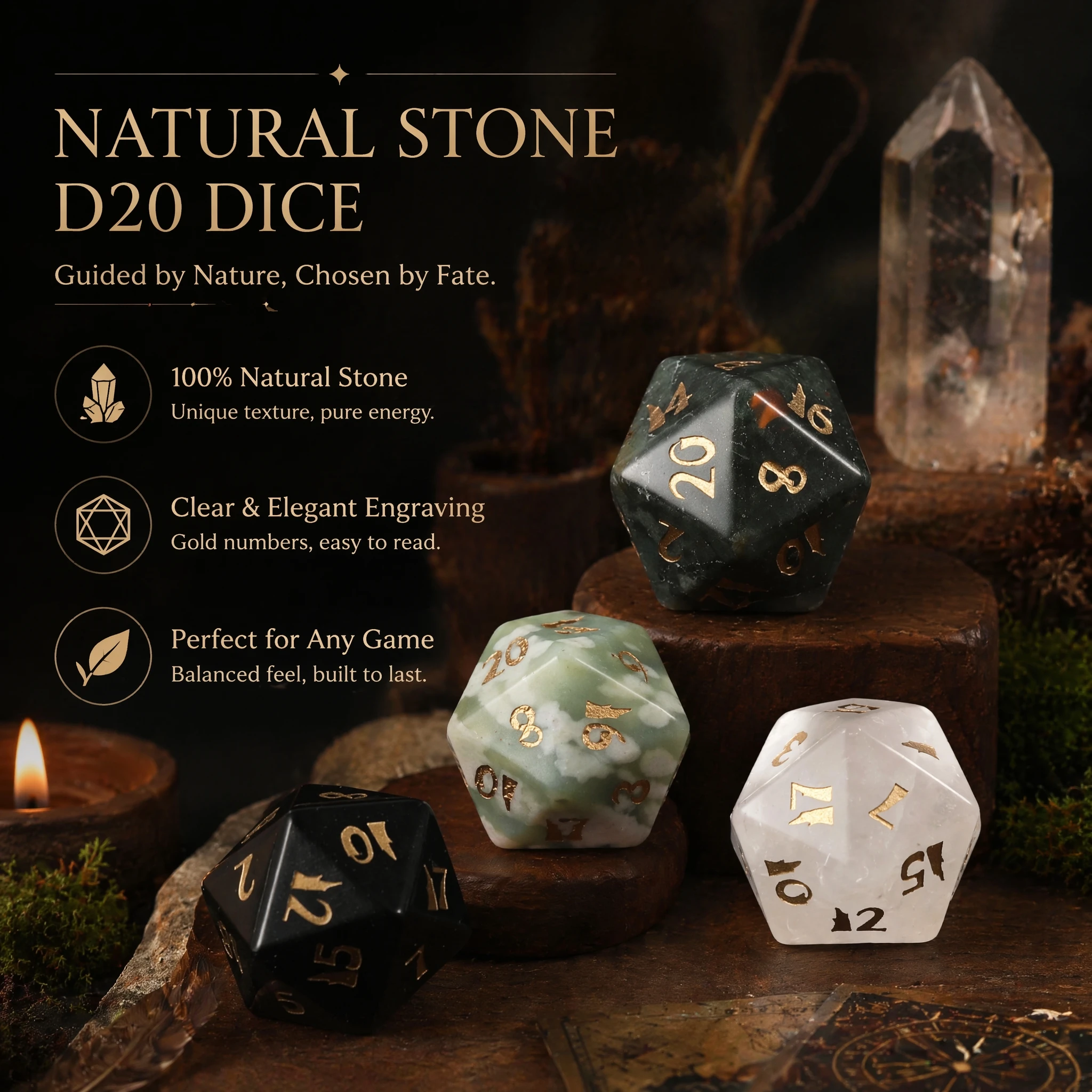 Hot Sale New Font Spot Good Natural Stone D20 Dice Tiger's Eye Green Fluorite Polyhedron Crystal Dice Custom Symbol Pattern Logo