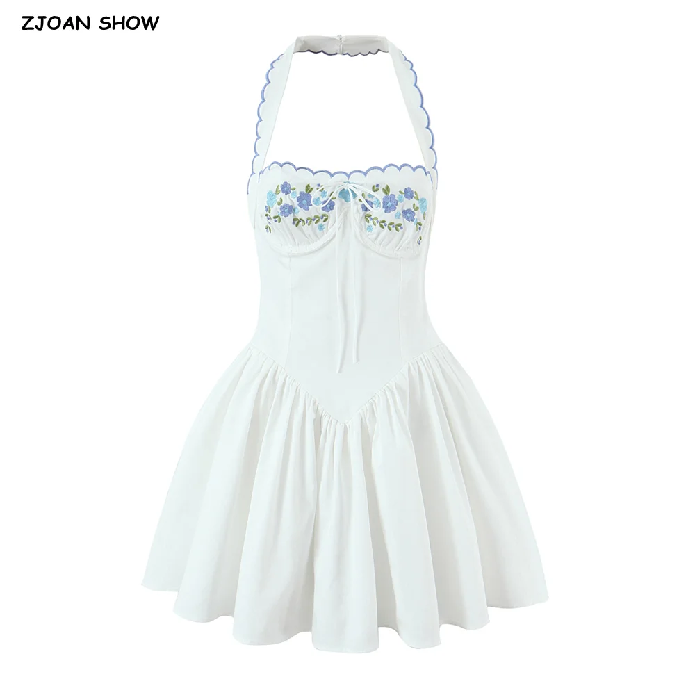 Sexy blanc broderie vague reliure licou fronde robe femmes fleur soutien-gorge fil taille basse courte robe de bal robes trapèze robes