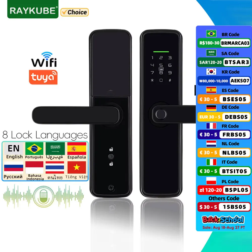 

RAYKUBE K11 Tuya Wi-Fi биометрический замок с отпечатками пальцев цифровой электрический дверной замок с 8-замком языков пароль/ключ/карта/разблокировка приложения