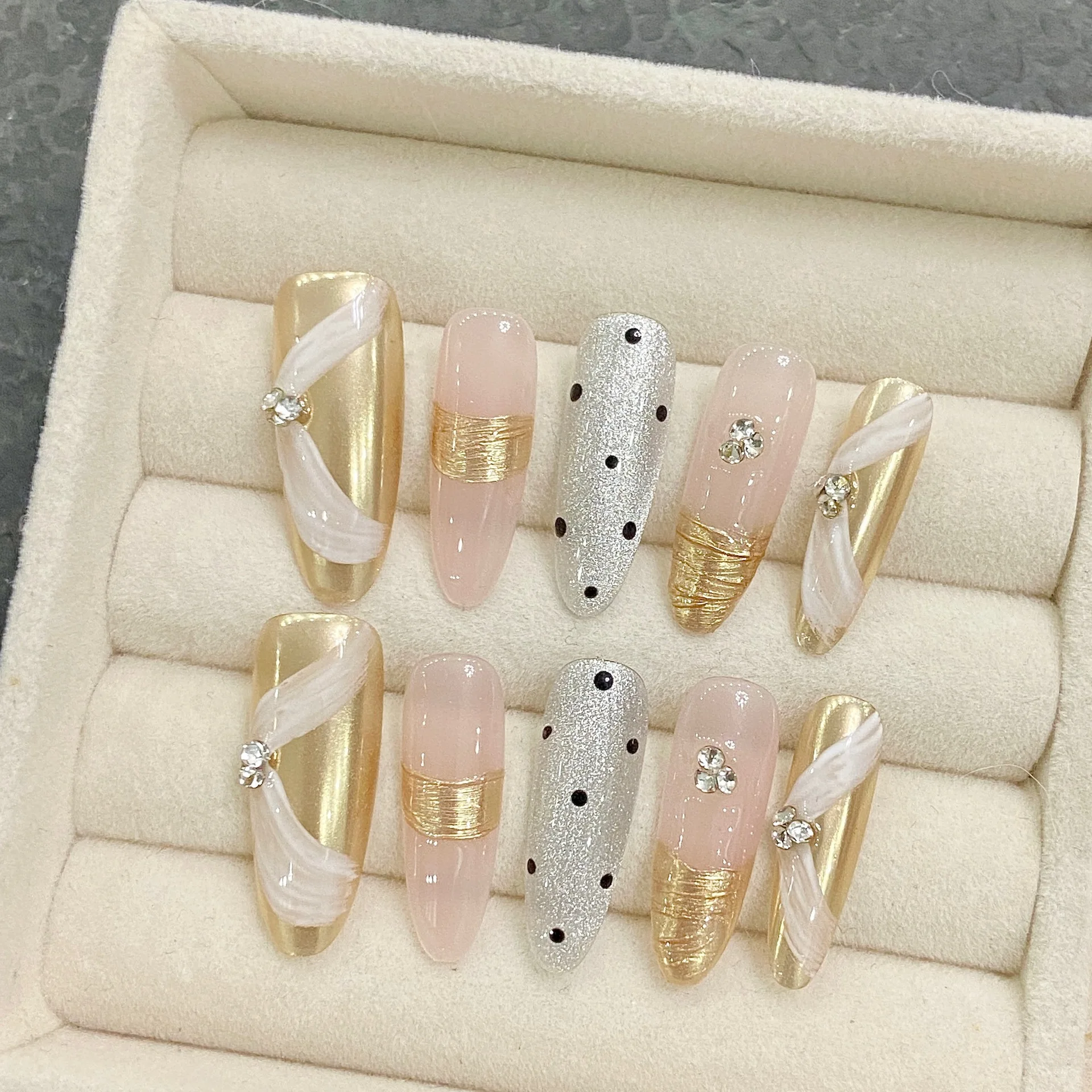 10PCS Almond press on nails French handmade fake nail tips with Bow knot pearl Design Full Cover false nails Cool girl ribbon