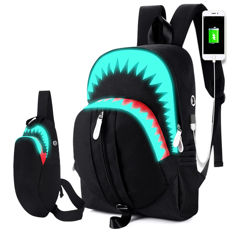 Men Fashion USB Charging Night Luminous Backpack Shark Laptop Backpack Chest Bag Teenagers School Bag Mochila Travel Bag Black