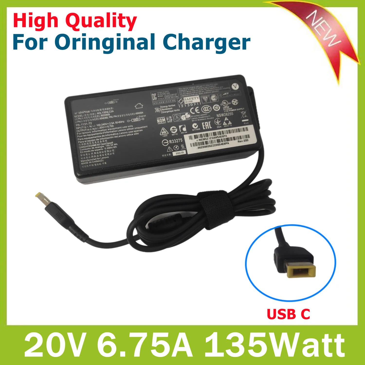 

Original 20V 6.75A 135W USB C Laptop AC Power Adapter For Lenovo T440p T540p Y50-70 ADL135NDC3A 45N0361 45N0501 Notebook Charger