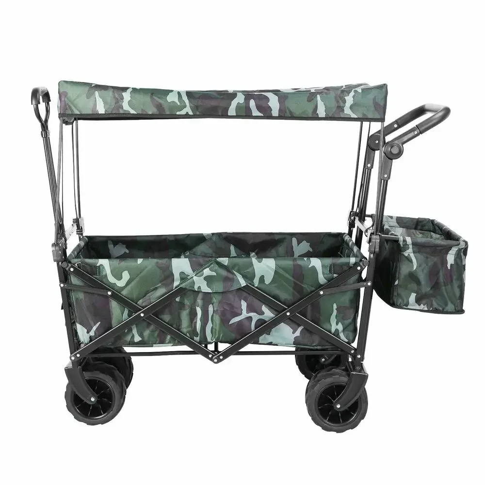 Folding Wagon Carts with Canopy and Rear Storage, Collapsible Garden Cart Folding Cart Wagon Beach Outdoor Trolley Buggy