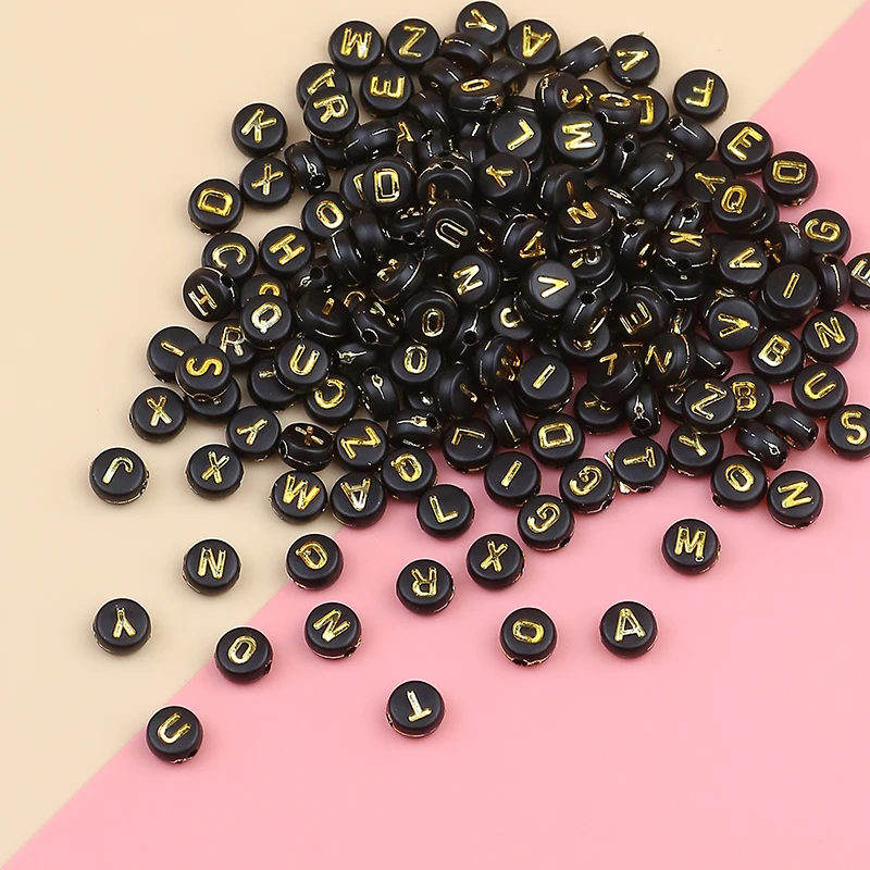 3x6mm black gold color letter acrylic bead round flat letter loose bead Diy jewelry making hand bracelet necklace accessories