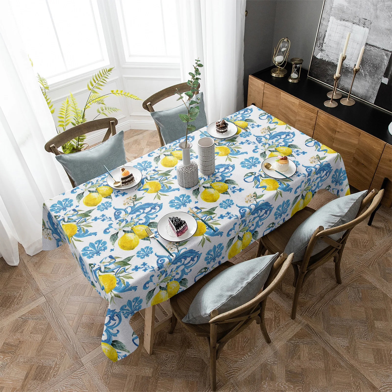 Lemon Baroque Flower Blue White Rectangular Tablecloth Dustproof Picnic Cloth Home Decoration Kitchen Waterproof Table Cover