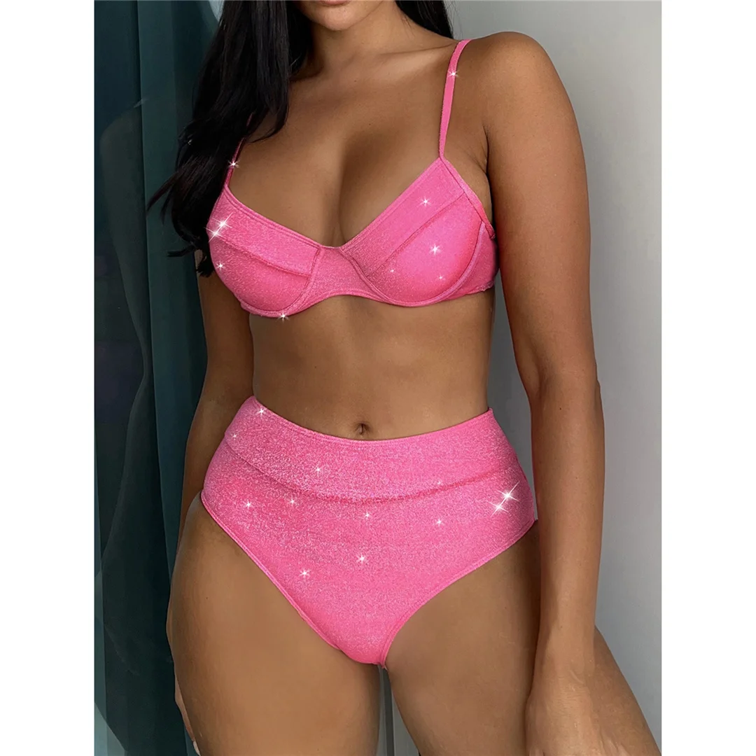 Glitzernder, glänzender Bikini mit Bügel, hoher Taille, Damen-Badeanzug, zweiteiliges Bikini-Set, Badebekleidung, Badeanzug, Schwimmanzug V4435 – Detail 9