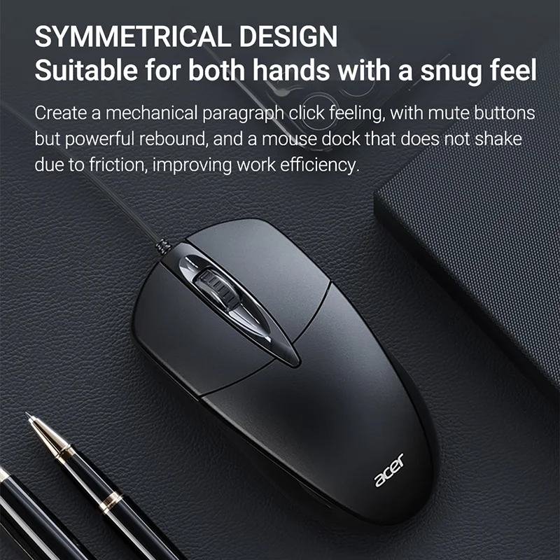 Acer-ماوس ألعاب سلكي مريح ، كتم الصوت ، 1200 ديسيبل متوحد الخواص ، usb ، بصري ، صحي ، للكمبيوتر المحمول ، الكمبيوتر المحمول ، الكمبيوتر